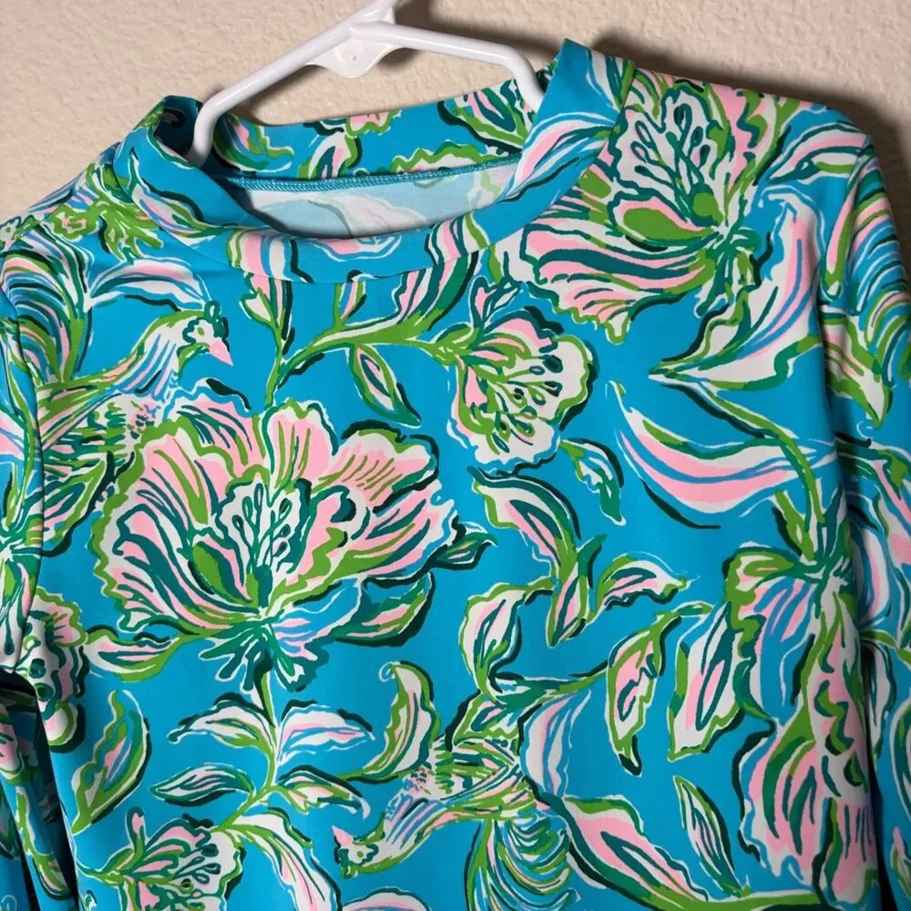 Lilly Pulitzer Rash Guard Top Girl's 8 Blue Colorful Floral Long Sleeve
